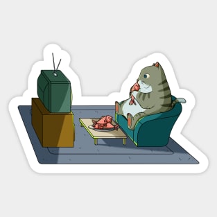 Cat eating fish and watching tv Sticker